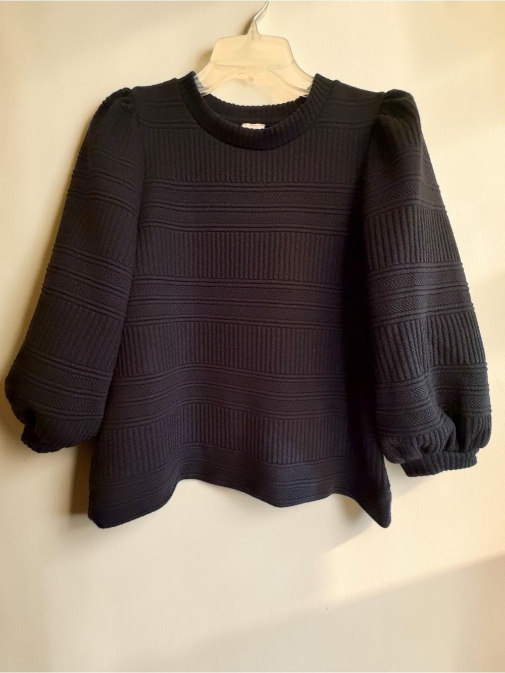 Anne Klein Black Textured Puff-Sleeve Crewneck Sweater